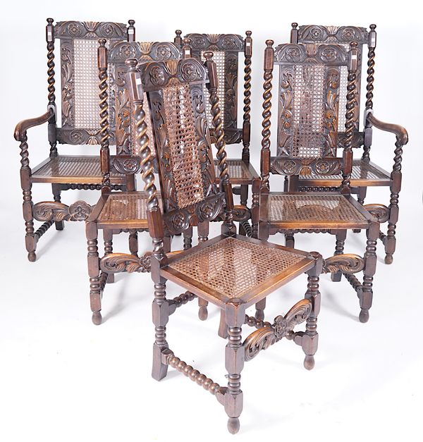 A SET OF SIX 17TH CENTURY STYLE CARVED OAK BARLEY TWIST AND BOBBIN TURNED DINING CHAIRS (6)