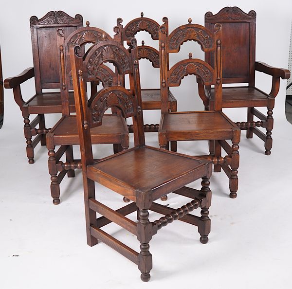 A SET OF SIX CHARLES II STYLE OAK FRAMED BOBBIN TURNED DINING CHAIRS (6)