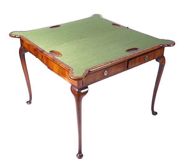 A MID-18TH CENTURY WALNUT SHAPED RECTANGULAR FOLD-OVER CONCERTINA ACTION CARD TABLE