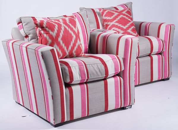 SOFA WORKSHOP; A PAIR OF MODERN EASY ARMCHAIRS, IN STRIPED UPHOLSTERY