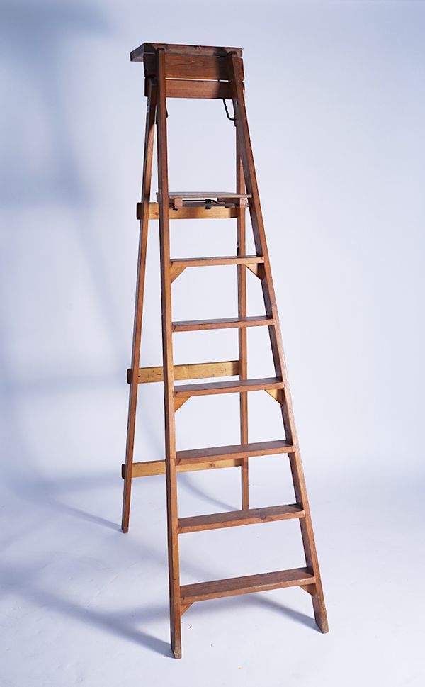 A PINE A-FRAME SEVEN RUNG STEP LADDER