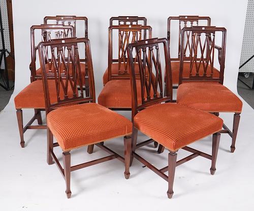 A SET OF EIGHT GEORGE III STYLE MAHOGANY FRAMED LATTICE BACK DINING CHAIRS  (8)