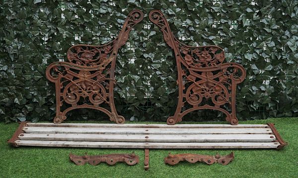 COALBROOKDALE; THE THREE MAIN COMPONENTS OF A CAST IRON GARDEN BENCH WITH NASTURTIUM CAST ENDS (3)