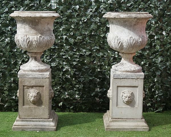 A PAIR OF VICENZA CARVED STONE ACANTHUS MOULDED JARDINIERES (2)