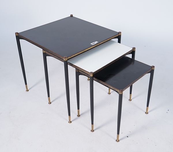 DESIGN 231; A NEST OF THREE 20TH CENTURY METAL AND LACQUERED BRASS SQUARE OCCASIONAL TABLES (3)