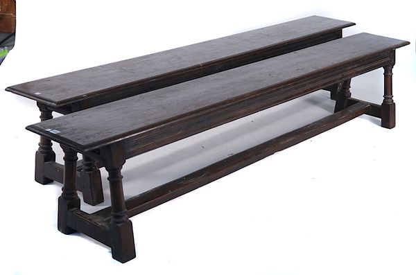 A PAIR OF 17TH CENTURY STYLE OAK RECTANGULAR BENCHES (2)