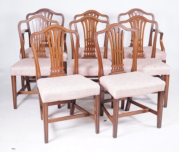 A SET OF EIGHT GEORGE III STYLE MAHOGANY PIERCED SPLAT BACK DINING CHAIRS (8)