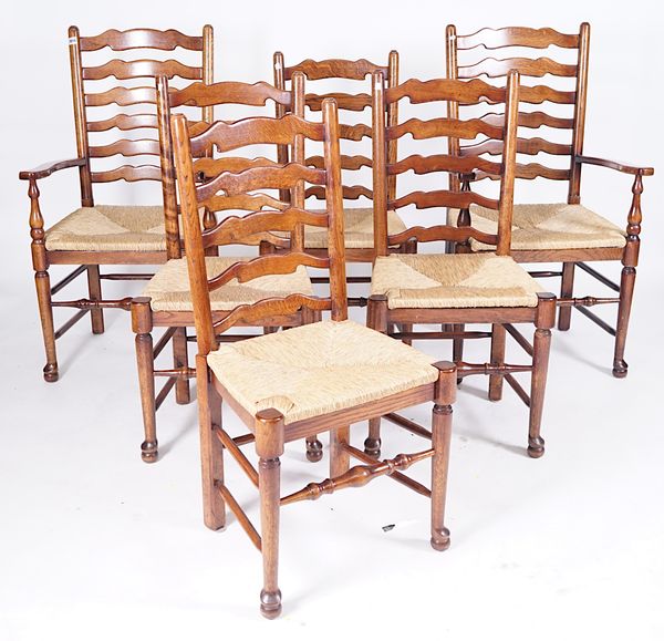 A SET OF SIX 20TH CENTURY ASH AND OAK LANCASHIRE LADDER BACK DINING CHAIRS (6)