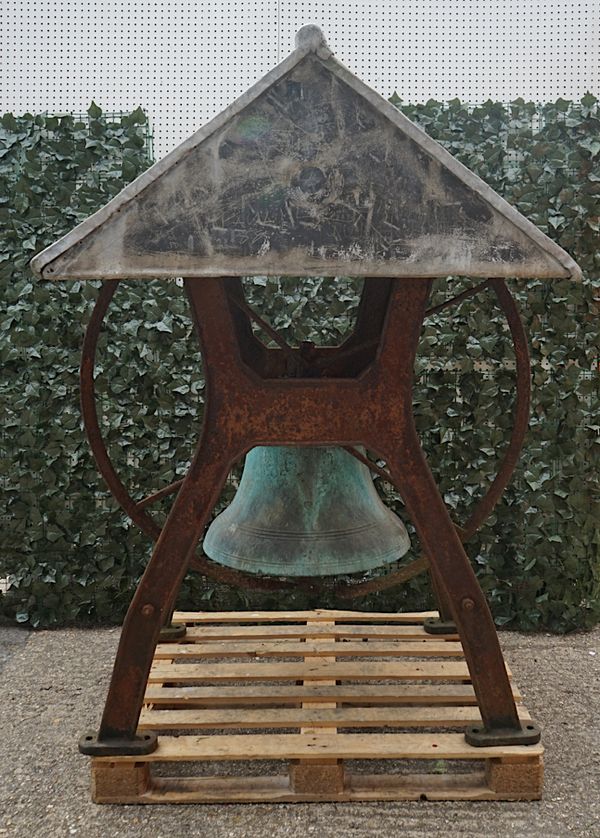 MEARS AND STAIN BANK, LONDON; A LARGE CAST BRONZE BELL SUPPORTED BY A WROUGHT AND CAST IRON STAND WITH GABLED LEAD ROOF