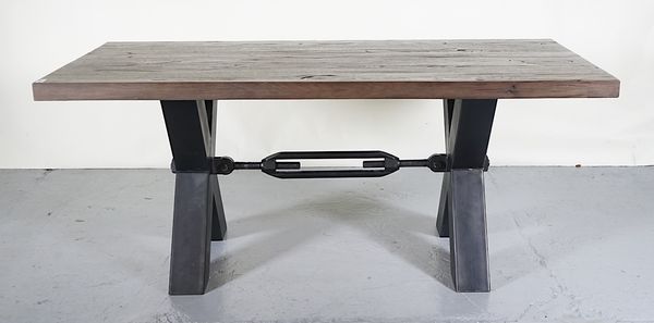 A MODERN HARDWOOD PLANK TOP DINING TABLE