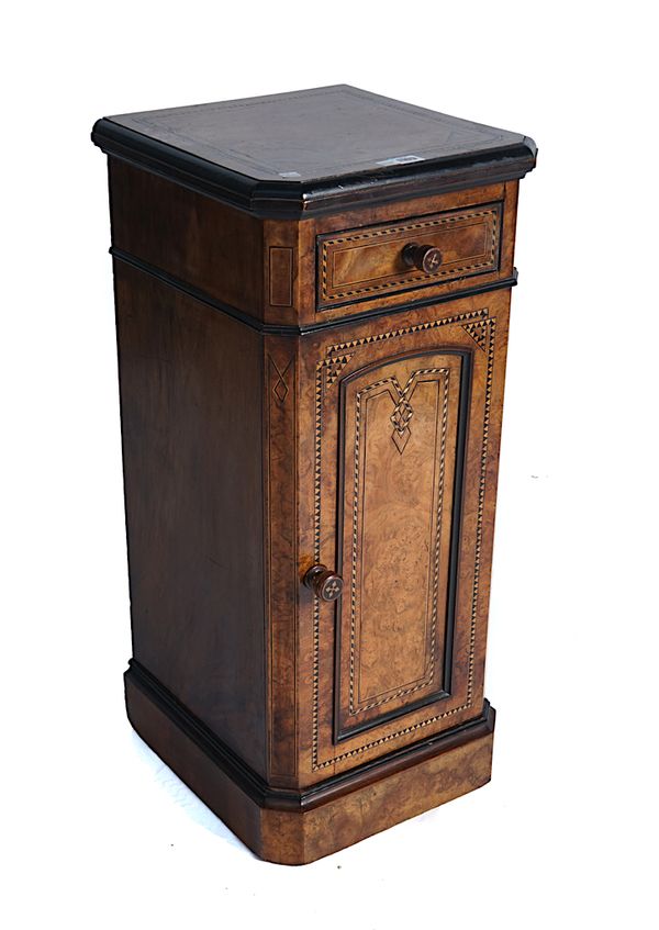 A VICTORIAN INLAID FIGURED WALNUT BEDSIDE TABLE