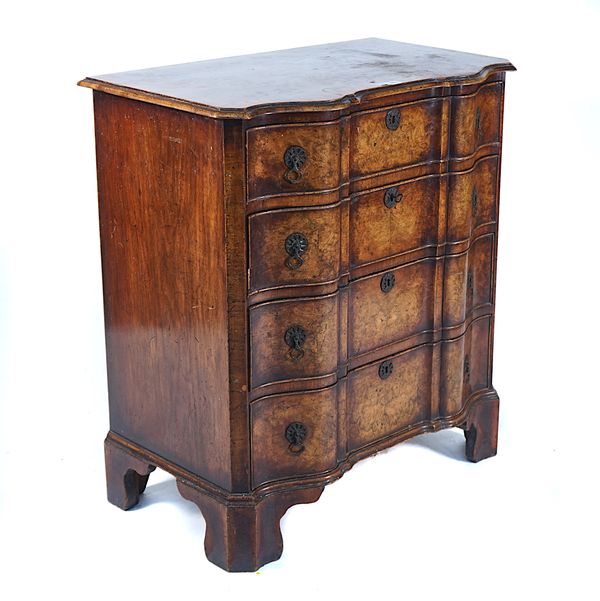 AN 18TH CENTURY DUTCH STYLE FIGURED WALNUT SERPENTINE CHEST OF DRAWERS, CIRCA 1900