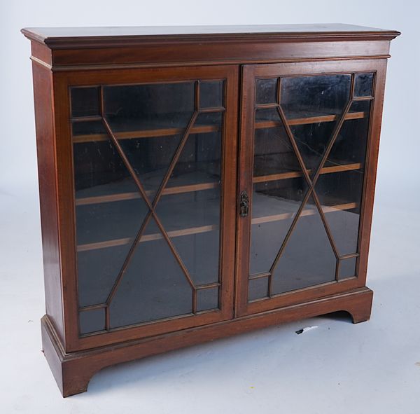 HARRODS LTD; A LATE 19TH CENTURY SATINWOOD BANDED MAHOGANY ASTRAGAL GLAZED TWO DOOR DISPLAY CABINET