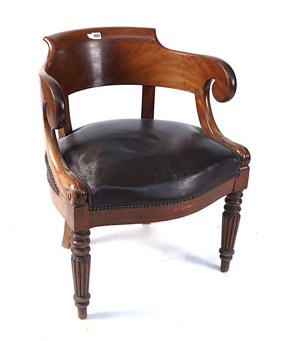 A 19TH CENTURY FRENCH MAHOGANY TUB BACK OFFICE CHAIR