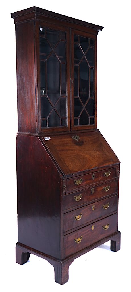 A SMALL GEORGE III MAHOGANY BUREAU BOOKCASE, MADE UP