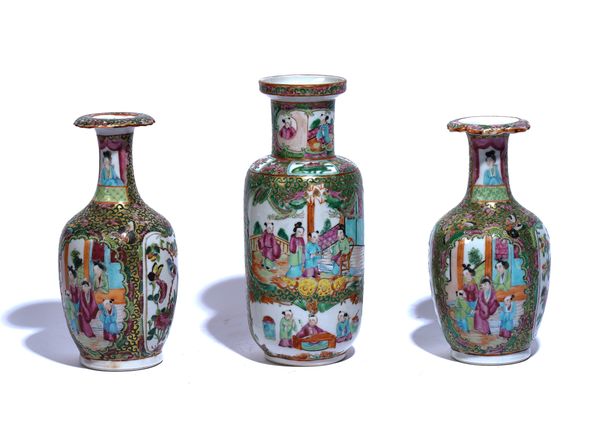 THREE SMALL CANTON FAMILLE-ROSE VASES (3)