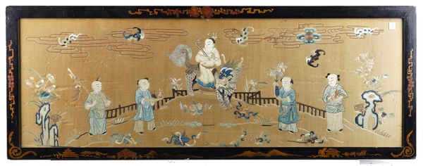 A CHINESE EMBROIDERED SILK RECTANGULAR PANEL