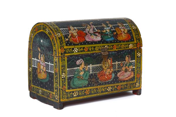 AN INDIAN PAINTED WOOD DOMED CASKET