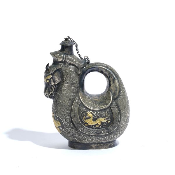 A SASANIAN STYLE WHITE METAL ZOOMORPHIC  FLASK