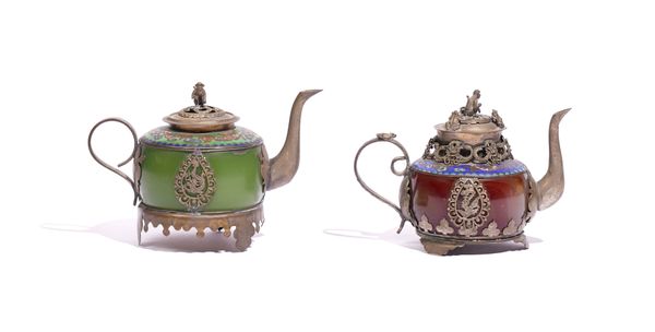 TWO SINO-TIBETAN GLASS, CLOISONNE TEAPOTS AND COVERS WITH WHITE METAL MOUNTS