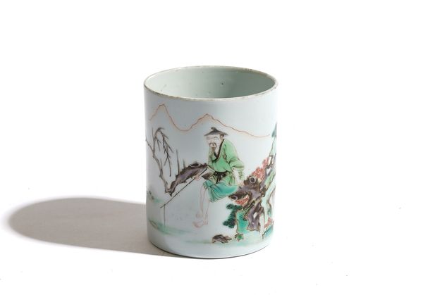 A CHINESE FAMILLE-VERTE CYLINDRICAL BRUSH POT