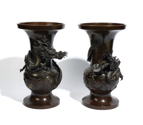 A PAIR OF JAPANESE PARCEL- GILT BRONZE BALUSTER VASES (2)