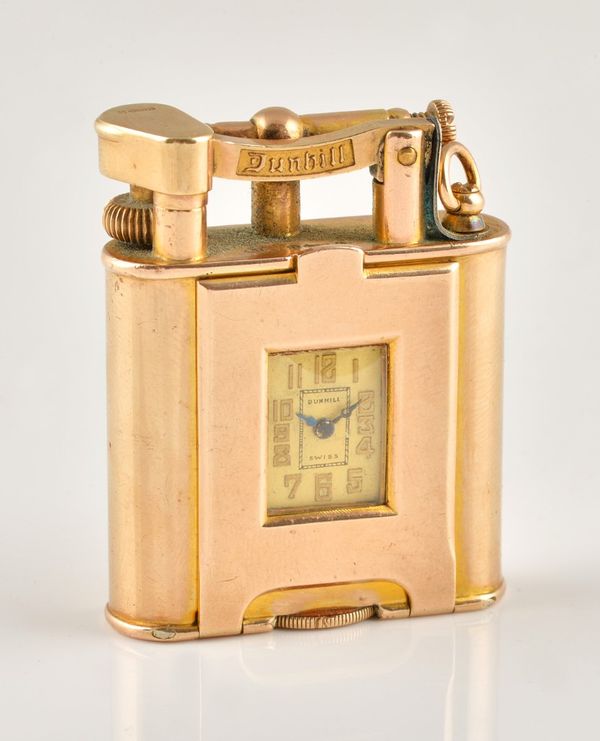 A DUNHILL 9CT GOLD PETROL LIGHTER, INCLUDING A WATCH TO THE FOLD DOWN FRONT