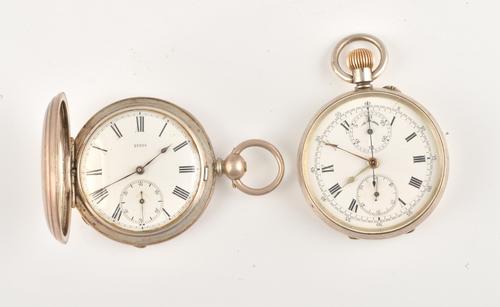 A SILVER CASED KEYLESS WIND OPENFACED POCKET CHRONOGRAPH AND A SILVER HUNTING CASED POCKET WATCH (2)