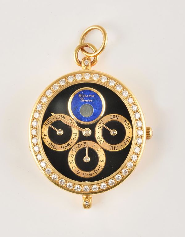 A ROYAMA GENEVE GOLD AND DIAMOND CALENDAR AUTOMATIC PENDANT WATCH, AS CONVERTED FROM A WRISTWATCH