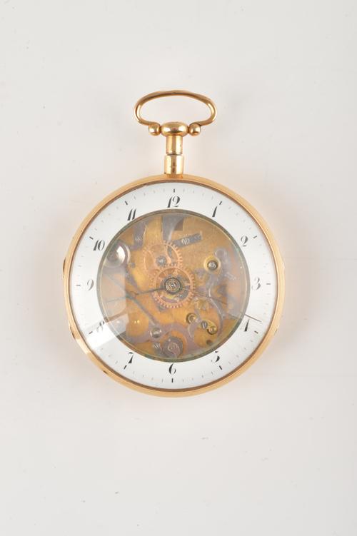 A CONTINENTAL GOLD SKELETONISED KEY WIND QUARTER REPEATING POCKET WATCH