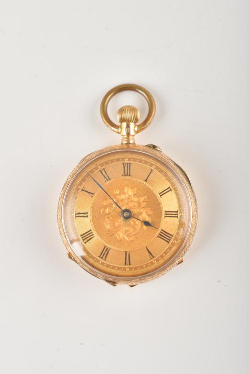 A GOLD KEYLESS WIND OPEN FACED LADIES FOB WATCH