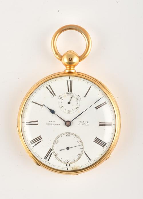AN 18CT GOLD OPENFACED KEYWOUND POCKET CHRONOMETR AND ASSOCIATED DECK CASE