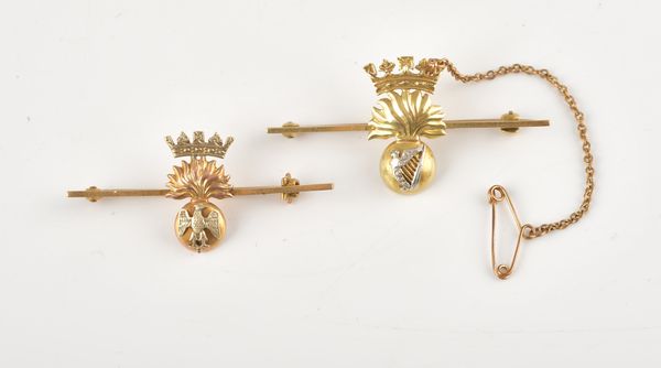 TWO GOLD MILITARY SWEETHEART BROOCHES OF THE ROYAL IRISH FUSILIERS (2)