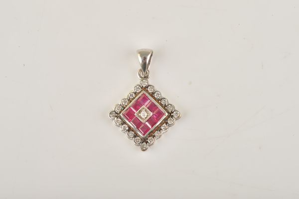 AN 18CT WHITE GOLD, RUBY AND DIAMOND SQUARE PENDANT