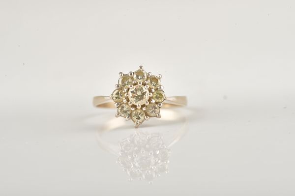 A WHITE GOLD AND DIAMOND NINE STONE CLUSTER RING