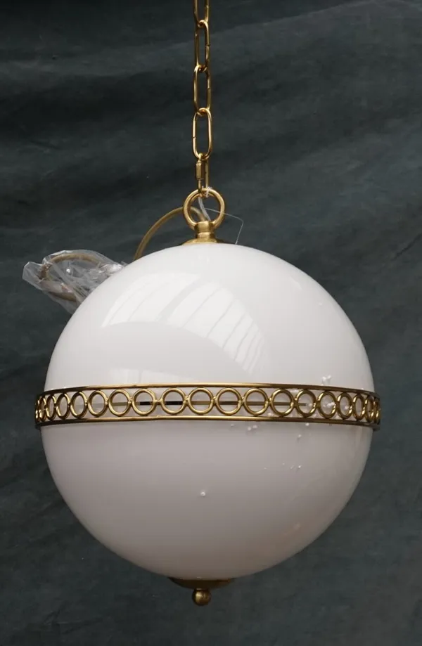 A GROUP OF FIVE OPALINE AND BRASS LACQUERED GLOBE HANGING LIGHTS (5)