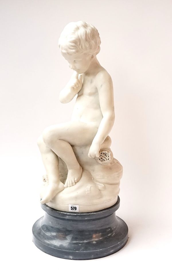 AFTER ETIENNE MAURICE FALCONET (1716-1791); A CARVED WHITE MARBLE FIGURE OF CUPID