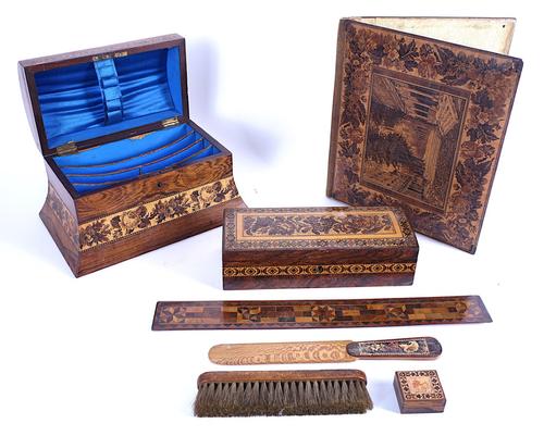 A GROUP OF EIGHT VICTORIAN TUNBRIDGE WARE DESK PIECES (8)