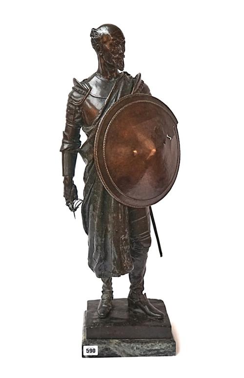 MERVYN HERAPATH (1864-1932); A BRONZE CAST OF A VICTORIAN GENTLEMEN DRESSED AS A KNIGHT, POSSIBLY DON QUIXOTE