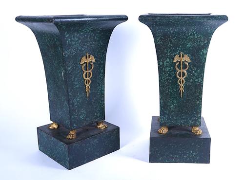 A PAIR OF FRENCH RESTAURATION PAINTED MALACHITE TOLE-PEINTE VASES