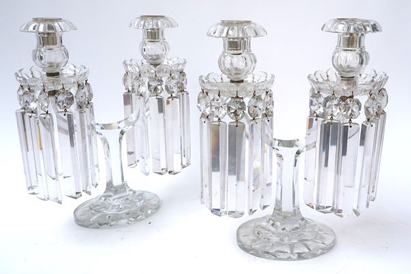 A PAIR OF WILLIAM IV CUT GLASS TWIN-LIGHT CANDELABRA