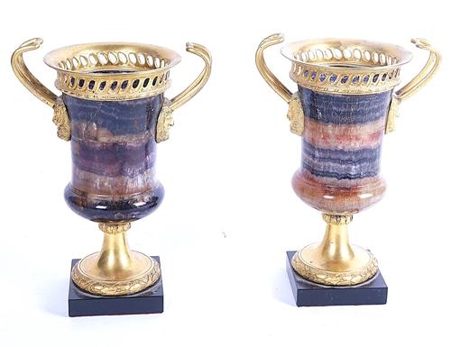 A PAIR OF ORMOLU MOUNTED DERBYSHIRE BLUE JOHN VASES