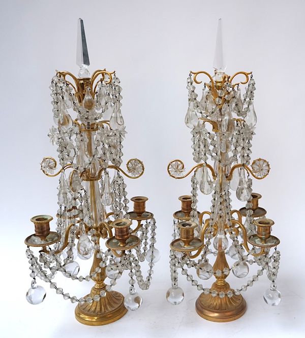 A PAIR OF LOUIS XVI SWEDISH STYLE ORMOLU AND CUT AND GLASS  MOUNTED FOUR-LIGHT CANDELABRA   (2)