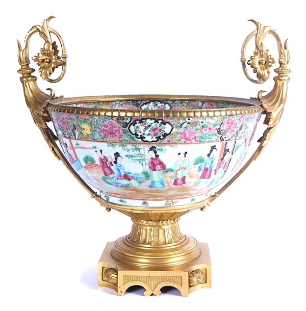 A CHINESE CANTONESE FAMILY ROSE PORCELAIN AND ORMOLU MOUNTED BOWL