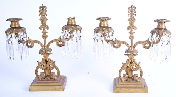 A PAIR OF LATE REGENCY GILT-BRASS AND GLASS CANDELABRA