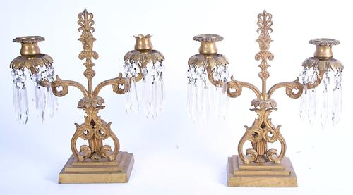 A PAIR OF LATE REGENCY GILT-BRASS AND GLASS CANDELABRA