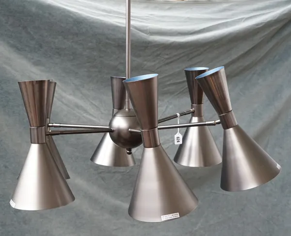 A PAIR OF GREY AND BLUE METAL HANGING LIGHTS (2)