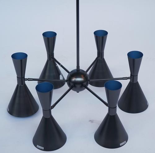 THREE GREY AND BLUE METAL HANGING LIGHTS (3)