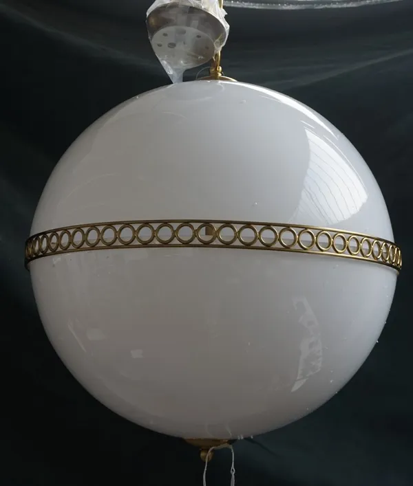 A GROUP OF FIVE OPALINE GLASS AND BRASS LACQUERED GLOBE HANGING LIGHTS (5)