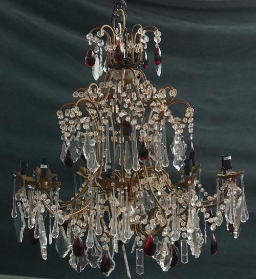 A FRENCH GILT-PEINTE AND GLASS LUSTRE TWELVE LIGHT CHANDELIER